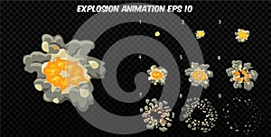 Vector explode. Explode effect animation with smoke. Cartoon explosion frames. Sprite sheet of explosion photo