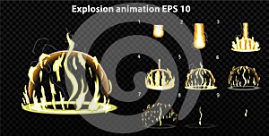 Vector explode. Explode effect animation with smoke. Cartoon explosion frames. Sprite sheet of explosion photo