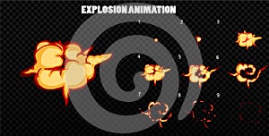 Vector explode. Explode effect animation with smoke. Cartoon explosion frames. Sprite sheet of explosion photo