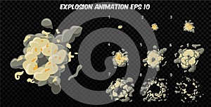 Vector explode. Explode effect animation with smoke. Cartoon explosion frames. Sprite sheet of explosion