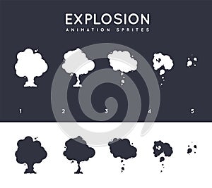 Vector explosion. Explode effect animation with smoke. Cartoon explosion frames. Sprite sheet of explosion