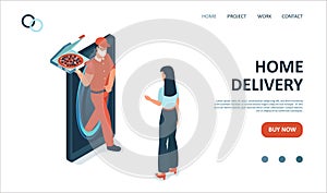 Vector of express restaurant delivery service with courier in face mask delivering a pizza to a woman