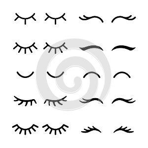 Vector eyelashes. Closed eyes. Icon set.