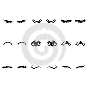 Vector eyelashes. Cute lashes in cartoon style. Closed eyes. Icons for web.