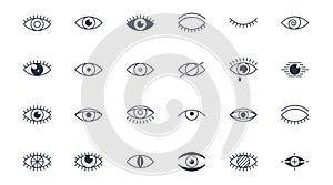 Vector Eyes icons. Editable stroke. Open closed eye with eyelashes with tears glare. Eyeball sleeping search supervision mystery.