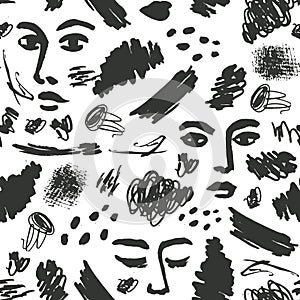 Vector face abstract art seamless pattern. Woman fashion print with ink spots, hand drawn textures. Modern creative