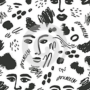 Vector face abstract art seamless pattern. Woman fashion print with ink spots, hand drawn textures. Modern creative