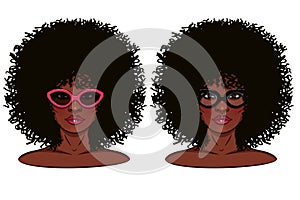Vector face of girl in glasses with dark skin.