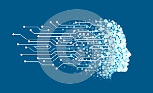 Vector of a face made of digital particles as symbol of artificial intelligence and machine learning