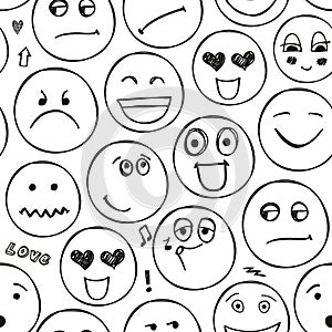 Vector faces seamless pattern. Emotions, doodle, freehand drawing background.