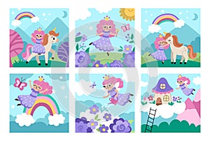 Vector fairy scenes set. Square backgrounds collection with little princess. Magic or fantasy world illustrations with girl,