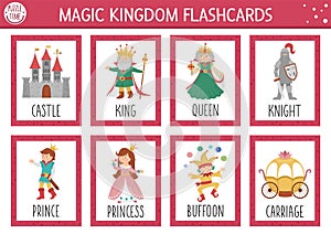 Vector fairytale flash cards set. English language game with cute castle, king, princess, queen for kids. Magic kingdom flashcards