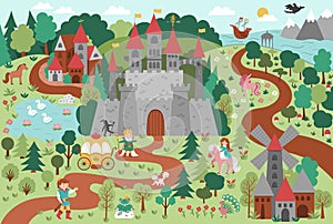 Vector fairytale kingdom illustration. Fantasy castle and characters picture. Cute magic fairy tale background with palace, sea,