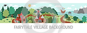 Vector fairytale kingdom illustration. Fantasy forest village border. Cute long horizontal magic fairy tale background with