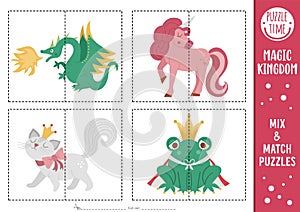 Vector fairytale mix and match puzzle with dragon, unicorn, cat in crown, frog prince. Matching magic kingdom activity for