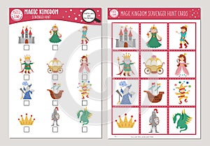 Vector fairytale scavenger hunt cards set. Seek and find game with cute castle, king, princess, dragon for kids. Magic kingdom