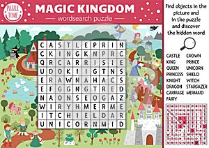 Vector fairytale wordsearch puzzle for kids. Simple magic kingdom crossword with fantasy creatures for children. Activity with