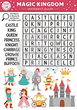 Vector fairytale wordsearch puzzle for kids. Simple magic kingdom crossword with fantasy creatures for children. Activity with