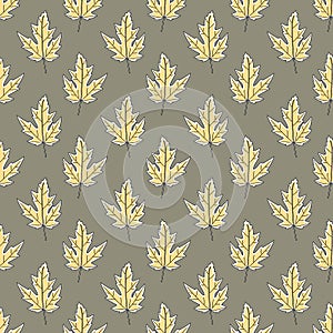 Vector Fall Autumn Leaves in Gold Yellow on Green Seamless Repeat Pattern