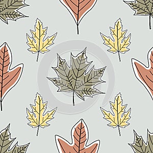 Vector Fall Autumn Leaves in Orange Gold Green Brown Seamless Repeat Pattern