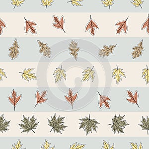 Vector Fall Autumn Leaves in Orange Gold Green Brown on Stripes Seamless Repeat Pattern