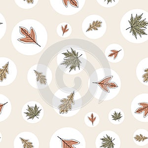 Vector Fall Autumn Leaves in Orange Gold Green Brown in White Circles Seamless Repeat Pattern