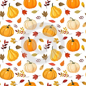 Vector fall season seamless pattern with colorful pumpkins, forest leaves