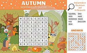 Vector fall season wordsearch puzzle for kids. Simple crossword with autumn scene and hiding forest animals for children.