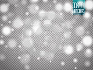 Vector falling snow effect isolated on transparent background with blurred bokeh.