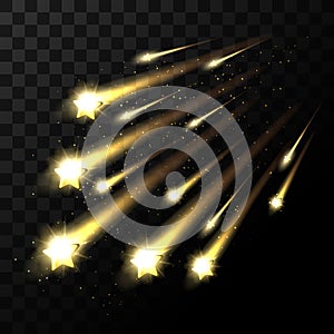 Vector falling stars on transparent background. Space star light shooting in dark