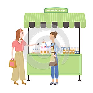 Vector falt illustration of two woman in a cosmetic shop.