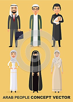 Vector - Family concept. Set of cartoon different arab people in flat style. Muslim people.Saudi arab people characters stand set