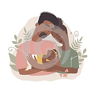 Vector family illustration. Black african american woman and man holding a newborn baby. Mom, dad and child.