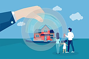 Vector of a family looking at a new house offered by real estate agent