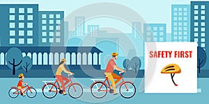 Vector of a family riding bikes wearing a safety helmets