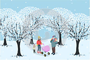 Vector family with two children and a stroller in winter park