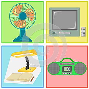 Vector of fan, television, lamp and radio cassette tape