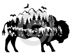 Vector Fantasy Buffalo Silhouette with Mountains.