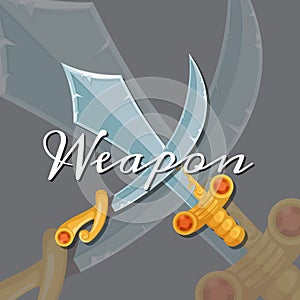 Vector fantasy cartoon style game design medieval crossed magic sword and saber elements