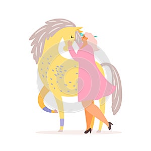 Vector fantasy illustration of girl and unicorn