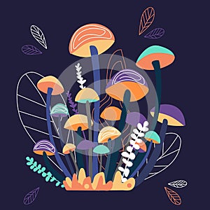 Vector fantasy illustration. Magic, fantasy, fairy forest scene. Orange, violet, blue mushrooms and outline white elements. Hand d