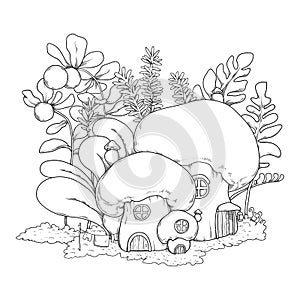 Vector fantasy illustration with mushroom houses in grass. Coloring page with little fairy-tale forest town