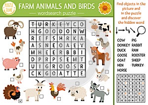 Vector farm animals and birds wordsearch puzzle for kids. Simple on the farm word search quiz for children. Country educational