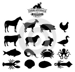 Vector Farm Animals and Seafood Silhouettes Collection