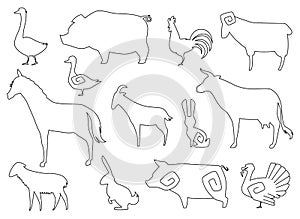 Vector Farm Animals Silhouettes for coloring book Isolated on White.