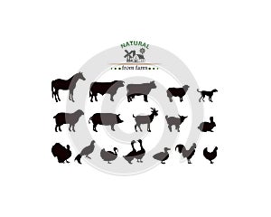 Vector farm animals silhouettes isolated on white.