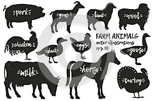 Vector farm animals silhouettes. Vintage illustrations. Hand drawn animals