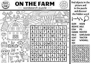 Vector on the farm black and white wordsearch puzzle for kids. Simple farm word search line quiz with country landscape. Activity