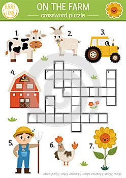 Vector on the farm crossword puzzle for kids. Simple farm quiz for children. Country educational activity with cow, farmer,
