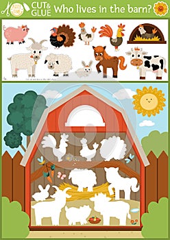 Vector on the farm cut and glue activity. Crafting game with cute farm animals and birds in the barn. Fun printable worksheet.